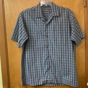 Gray with white and blue stripes, short sleeve button down shirt. Size large